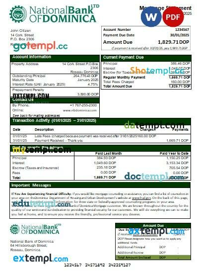 Dominica National Bank of Dominica bank mortgage statement, editable template in PDF and Word