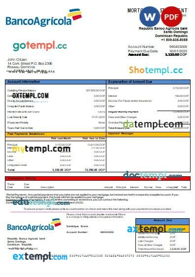 Dominican Republic Banco Agricola bank mortgage statement, editable template in PDF and Word