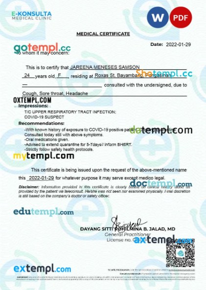 E-Konsulta Medical Clinic medical certificate template Word and PDF formats