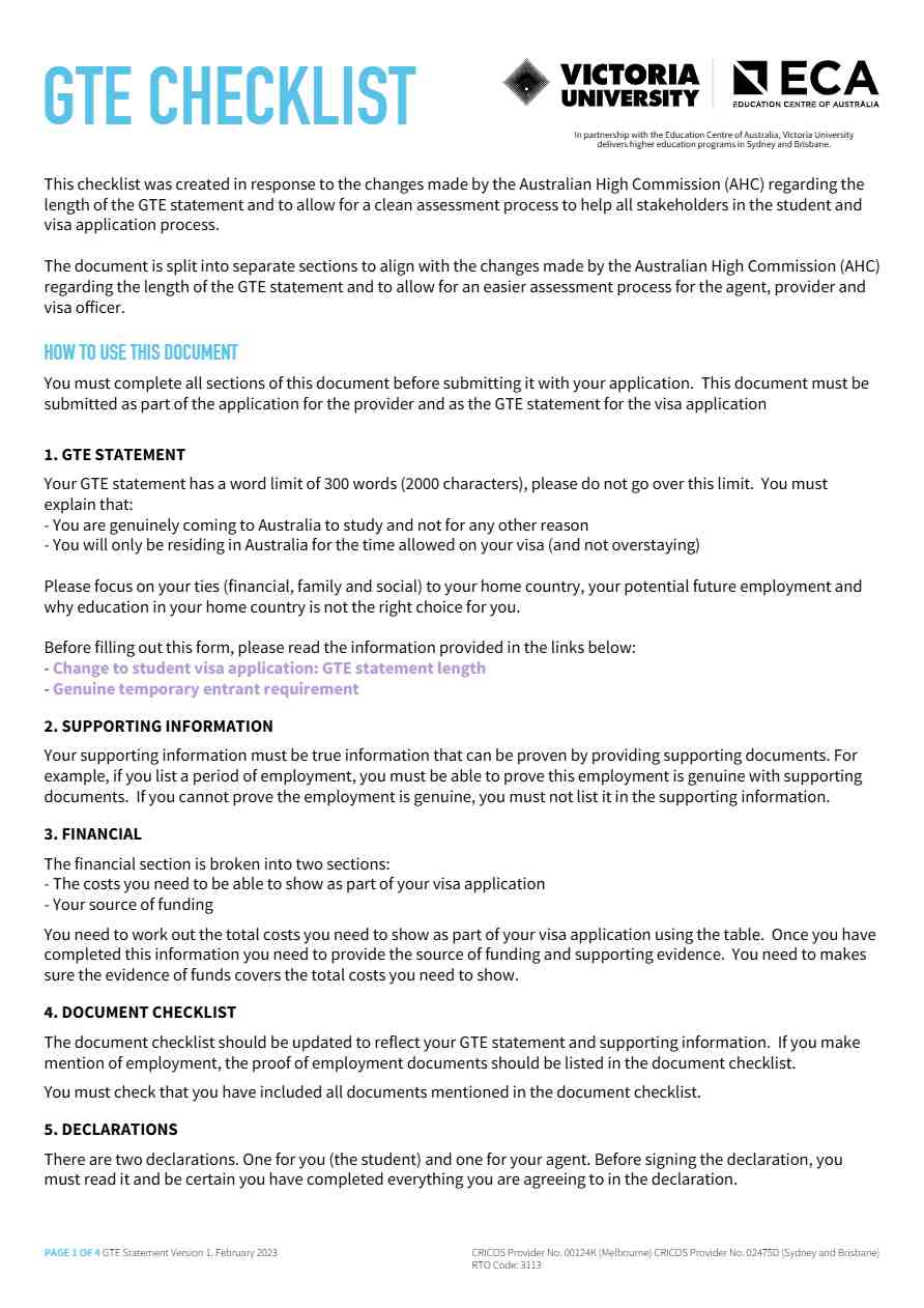 ECA Victoria University GTE checklist template in Word and PDF formats, 4 pages