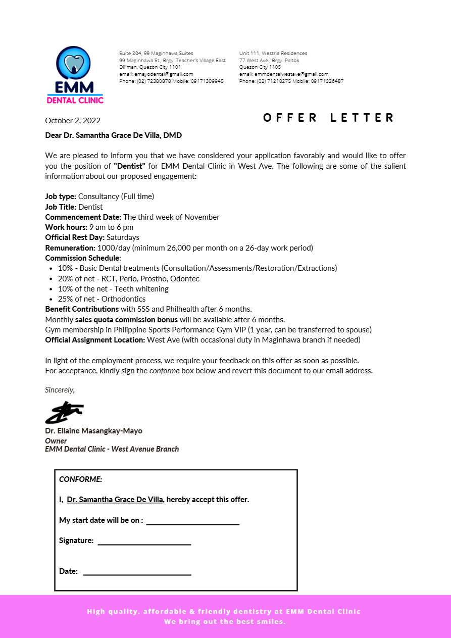 EMM Dental Clinic Dentist offer letter in Word and Pdf formats