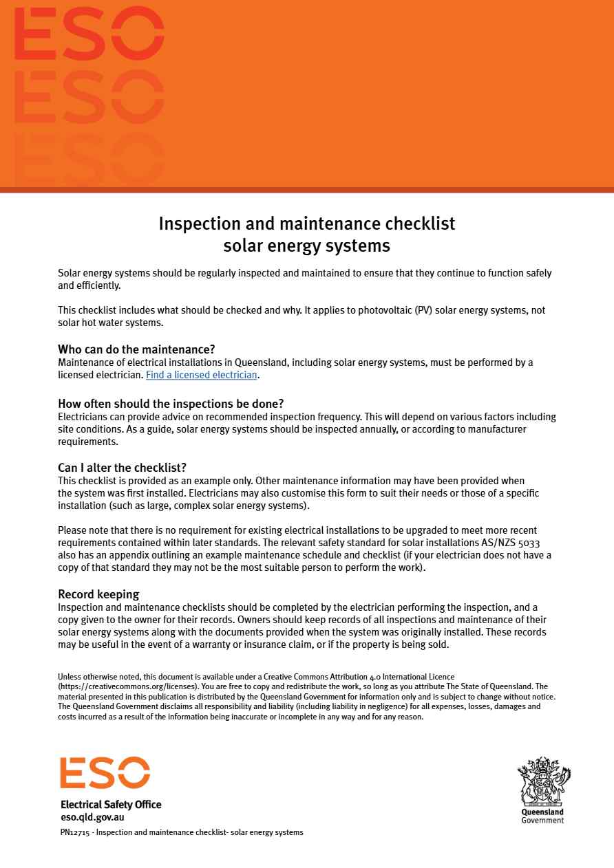 ESO Solar Energy Systems Maintenance checklist template in Word and PDF formats, 6 pages