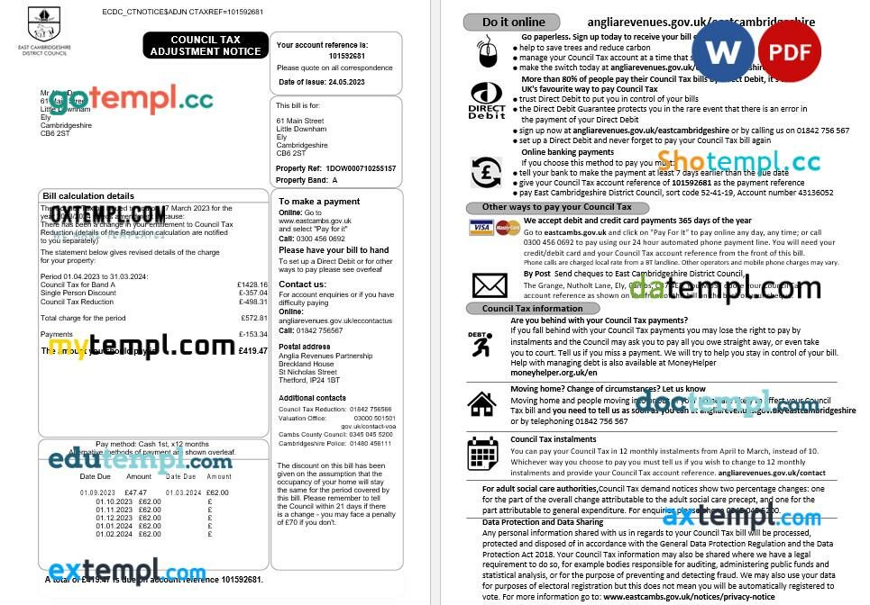 East Cambridgeshire District Council tax adjustment notice editable template in Word and PDF formats