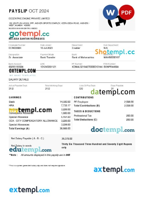 Eccentric Engine payslip template in Word and PDF formats