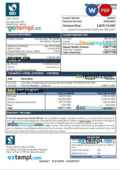 Ecuador BID bank mortgage statement, editable template in PDF and Word