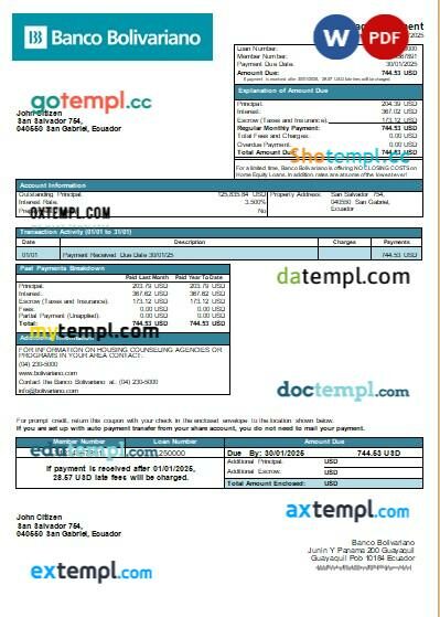 Ecuador Banco Bolivariano bank mortgage statement, editable template in PDF and Word