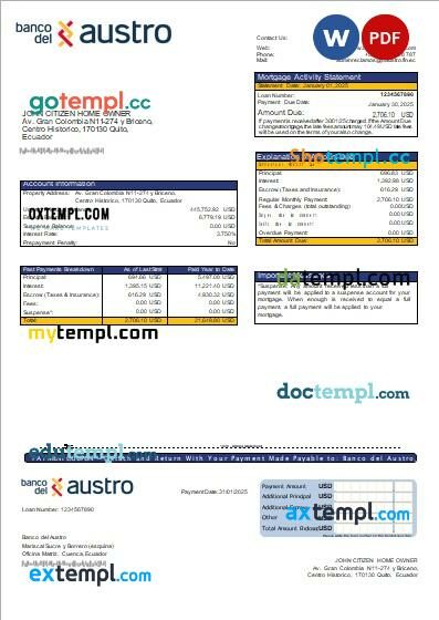 Ecuador Banco del Austro bank mortgage statement, editable template in PDF and Word