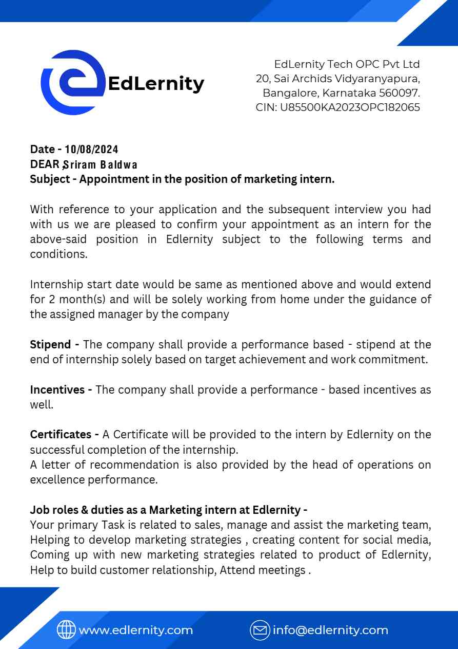 EdLernity Marketing Internship offer letter in Word and Pdf formats