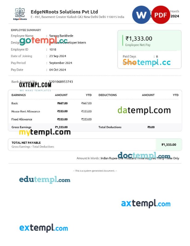 EdgeNRoots Solutions payslip template in Word and PDF formats