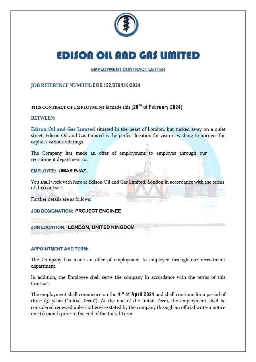 Edison Oil and Gas Ltd. Project Enginee offer letter in Word and Pdf formats