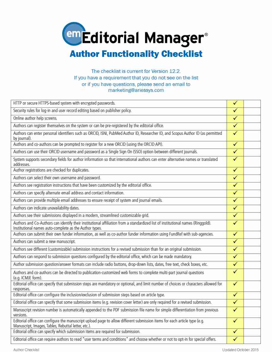 Editorial Manager Author Functionality checklist template in Word and PDF formats, 16 pages