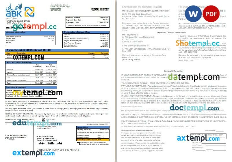 Egypt Al Ahli Bank of Kuwait bank mortgage statement, 2 pages, editable template in PDF and Word