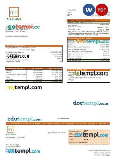 Egypt Alex Bank of Egypt bank mortgage statement, editable template in PDF and Word