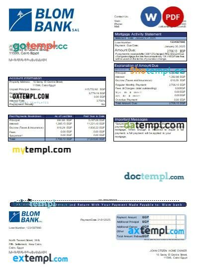 Egypt Blom Bank of Egypt bank mortgage statement, editable template in PDF and Word