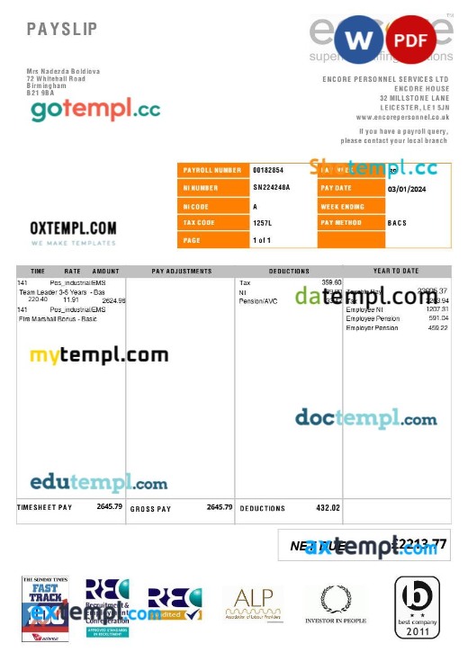 Encore Personnel Services (recruitment) payslip template in Word and PDF formats