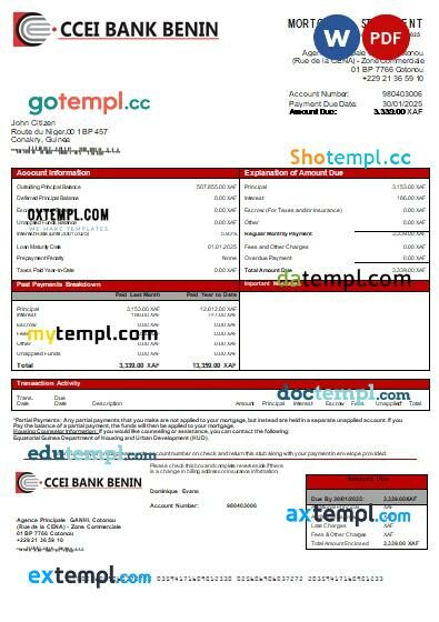 Equatorial Guinea CCEI Bank Benin bank mortgage statement, editable template in PDF and Word