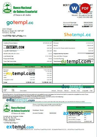 Equatorial Guinea National Bank bank mortgage statement, editable template in PDF and Word