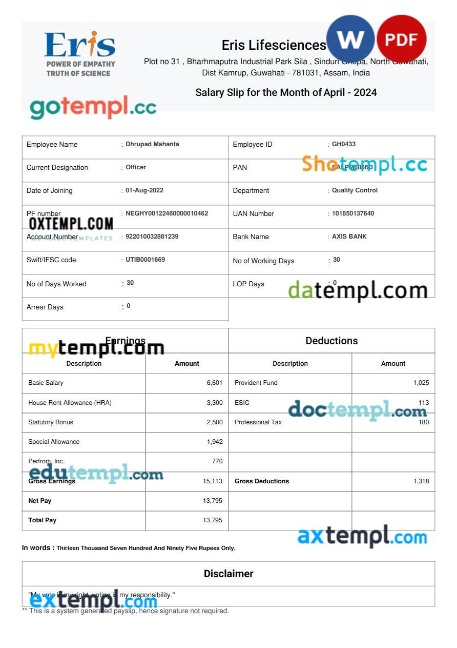 Eris Lifesciences salary slip template in Word and PDF formats