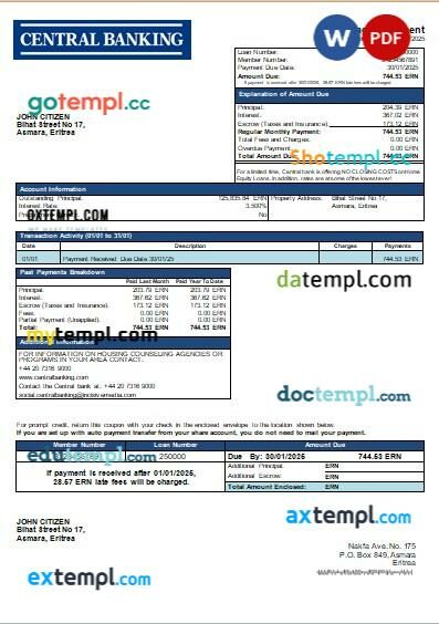 Eritrea Central bank mortgage statement, editable template in PDF and Word