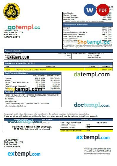 Eritrea Housing and Commerce bank mortgage statement, editable template in PDF and Word