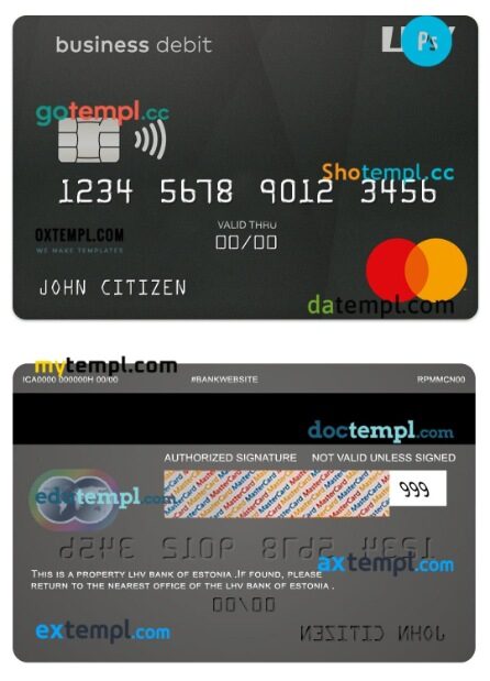 Estonia LHV bank business debit mastercard template in PSD format