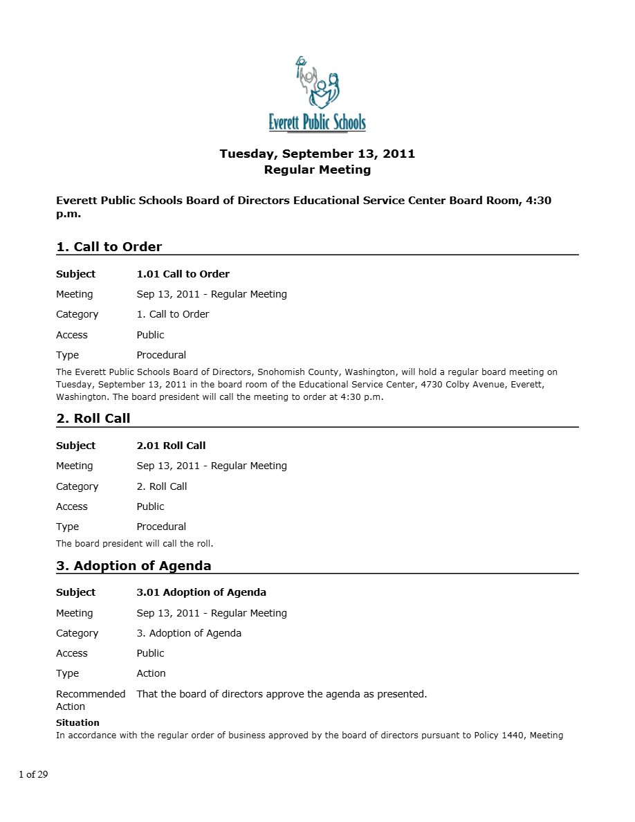 Everett Public Schools Regular Meeting agenda template in Word and PDF formats