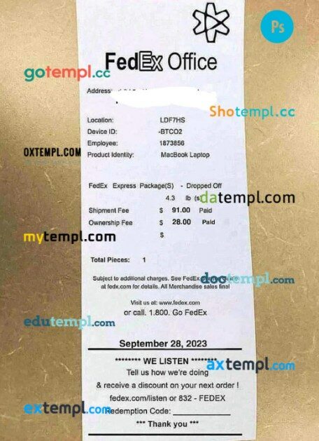 Fedex office payment receipt PSD template