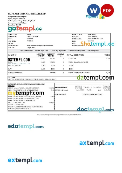 Filpkart Services payslip template in Word and PDF formats