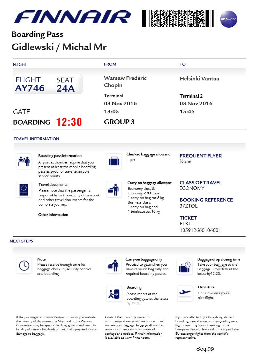 Finnair boarding pass in Word and PDF formats