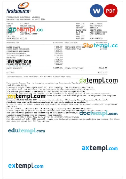 Firstsource Solutions payslip template in Word and PDF formats