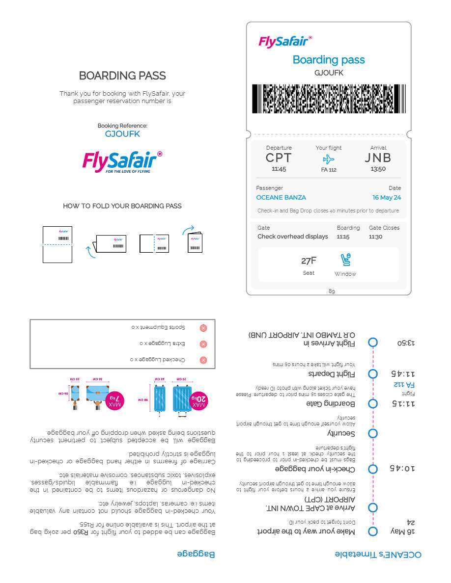 FlySafair boarding pass in Word and PDF formats