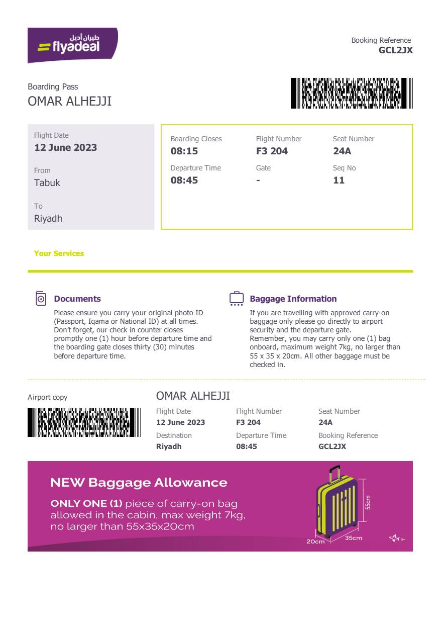 Flyadeal boarding pass in Word and PDF formats