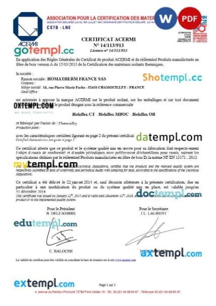 France ACERMI product certificate editable template in Word and PDF formats