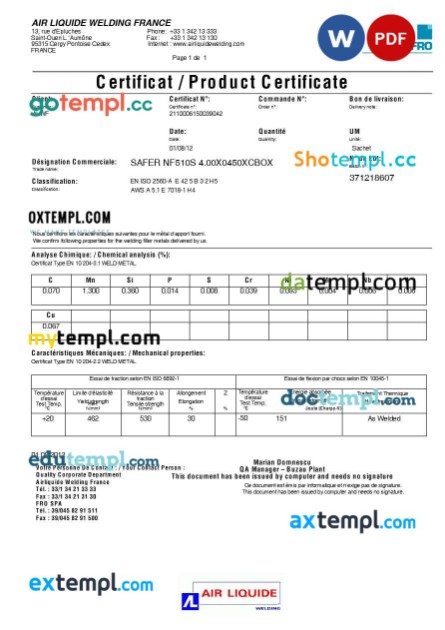 France Air liquide welding product certificate editable template in Word and PDF format