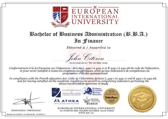 France European International University diploma template in PSD format