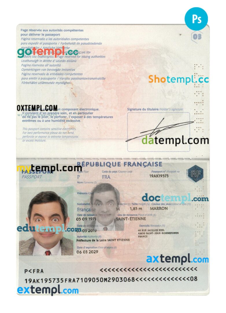 France passport PSD template, 2019 - present