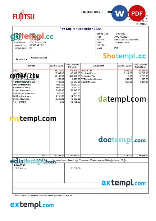 Fujitsu Consulting India payslip template in Word and PDF formats