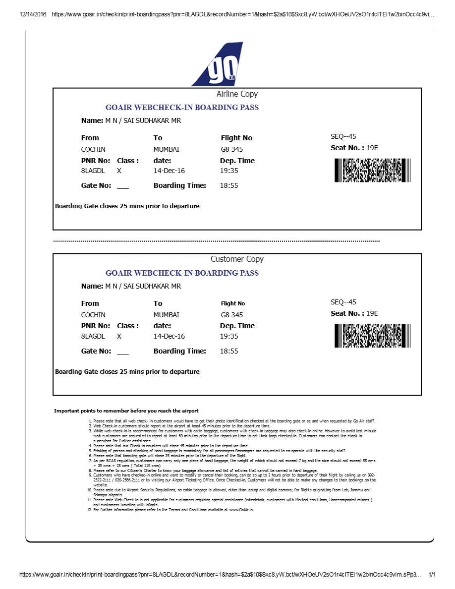 GO Air webcheck-in boarding pass in Word and PDF formats