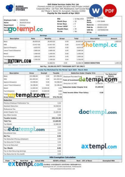 GUS Global Services India payslip template in Word and PDF formats