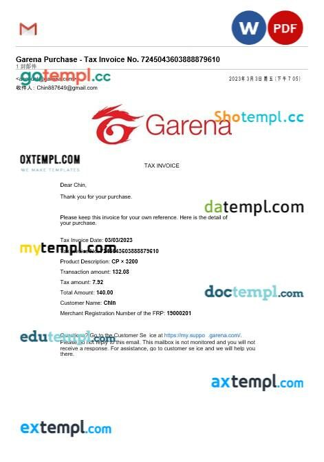 Garena purchase tax invoice editable template in Word and PDF formats