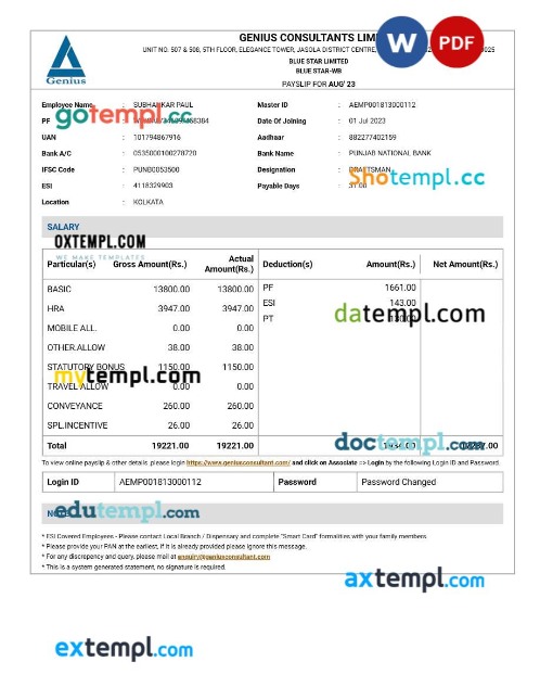 Genius Consultants payslip template in Word and PDF formats