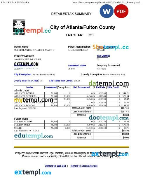 Georgia Atlanta Fulton County tax bill editable template in Word and PDF formats