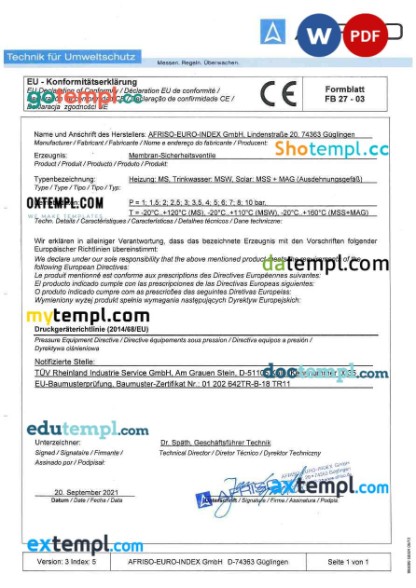 Germany AFRISO product certificate editable template in Word and PDF formats