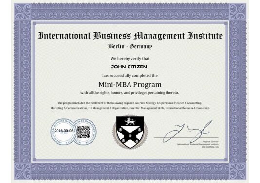 Germany International Business Management Institute Mini MBA program diploma template in PSD format