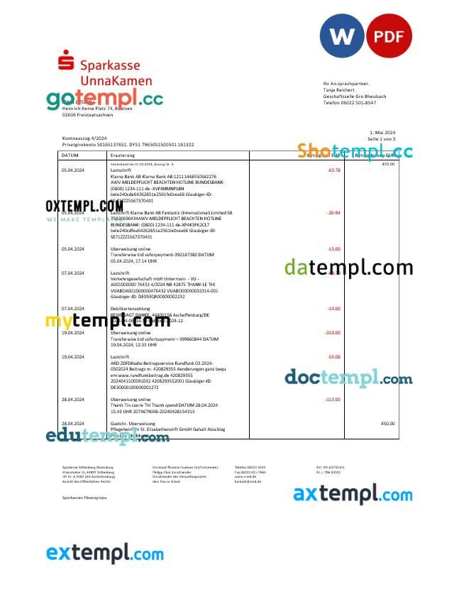 Germany Sparkasse UnnaKamen bank statement Word and PDF template