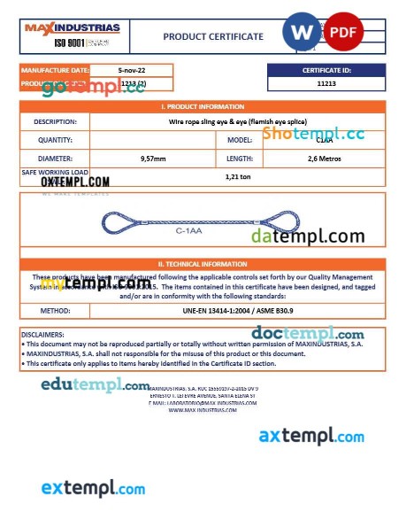 Ghana MAXINDUSTRIAS, S.A product certificate editable template in Word and PDF format