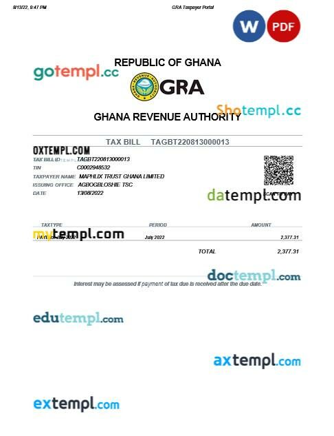 Ghana Revenue Authority tax bill editable template in Word and PDF formats