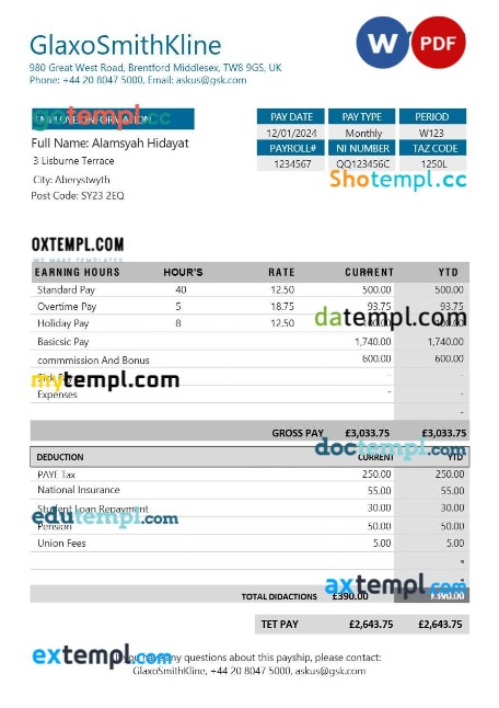 GlaxoSmithKline pharmaceutical company payslip template in Word and PDF formats