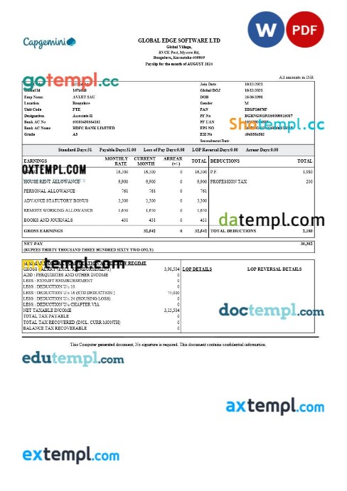 Global Edge Software payslip template in Word and PDF formats