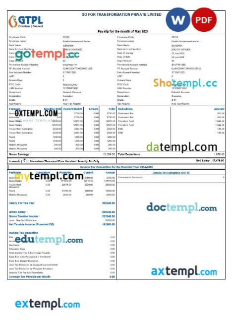 Go For Transformation payslip template in Word and PDF formats